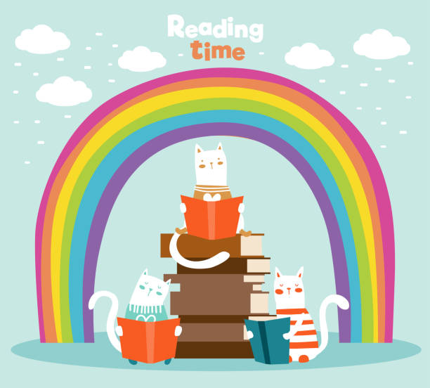 lustige katzen lesen bücher auf regenbogen - cats stock-grafiken, -clipart, -cartoons und -symbole