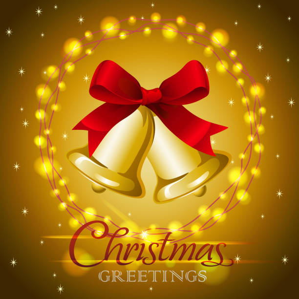 ilustraciones, imágenes clip art, dibujos animados e iconos de stock de campana de jingle de navidad con luces de navidad - vector bell christmas lights celebration