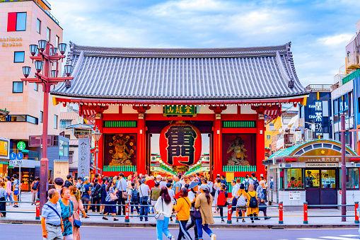 Tokyo,Japan -  September 24, 2019:Crowd of tourists to Asakusa Dera Senso-ji temple in Asakusa area in Tokyo Japan.Originally founded in 645.Lantern means THUNDER GATE.