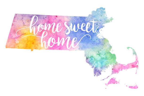 istock Home Sweet Home Watercolor Raster Map Illustration of Massachusetts 1180356483