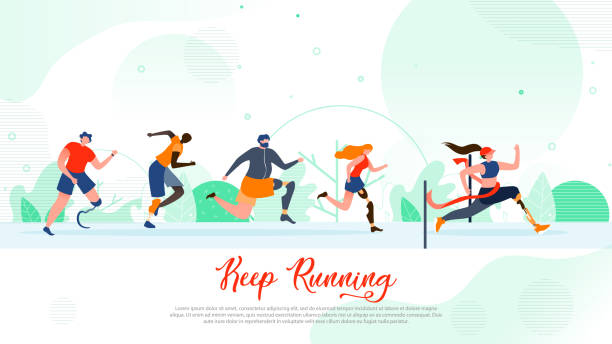 Running People with Disability Flat Vector Banner Disabled or Adaptive Sports Flat Vector Banner. Multinational Men and Women with Disability Reaching Finish During Competition in Running Illustration. Handicapped People Healthy and Active Lifestyle disabled woman running stock illustrations
