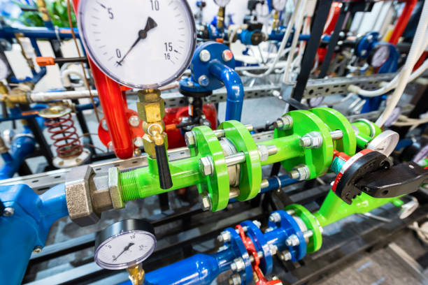 sistema di tubazioni complesso in una stazione di pompaggio industriale. - valve gauge pipe physical pressure foto e immagini stock