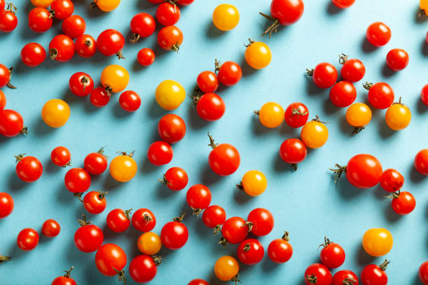 istock Red and yellow cherry tomatoes on blue background. Fresh bright organic vegetables 1180363256