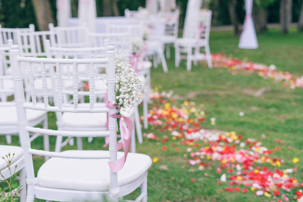 istock wedding or ceremony set up in garden, white chairs 1180363347