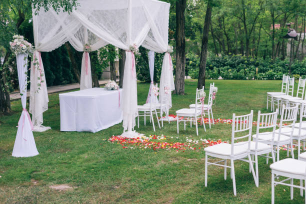 istock wedding or ceremony set up in garden, white chairs 1180364024