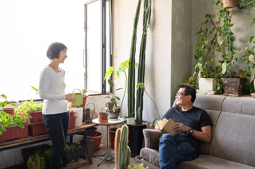 Chinese couple talking in a conservatory.