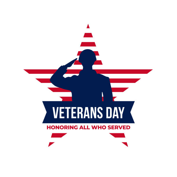 ilustrações de stock, clip art, desenhos animados e ícones de happy veterans day honoring all who served retro vintage logo badge celebration poster background vector design. soldier military salutation silhouette illustration with usa star flag graphic ornament - armed forces us veterans day military saluting