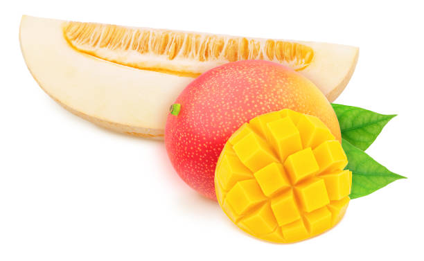 istock Composite image of piece of melon and curved mango, isolated on a white background. As package design element. 1180365727