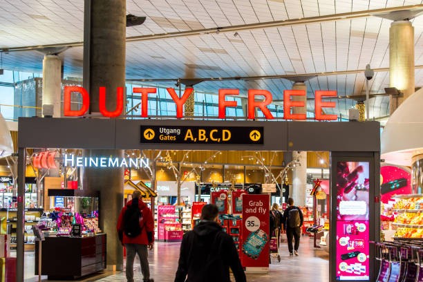 Duty free shop inside of International terminal of Oslo Gardermoen Airport  (OSL). the second-busiest airport in Scandinavia. stock photo