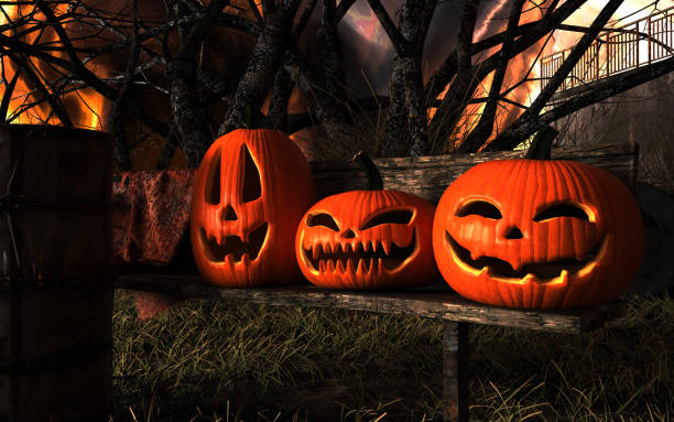 istock Scary Jack O Lantern Halloween Pumpkins and Black cat. 1180367342
