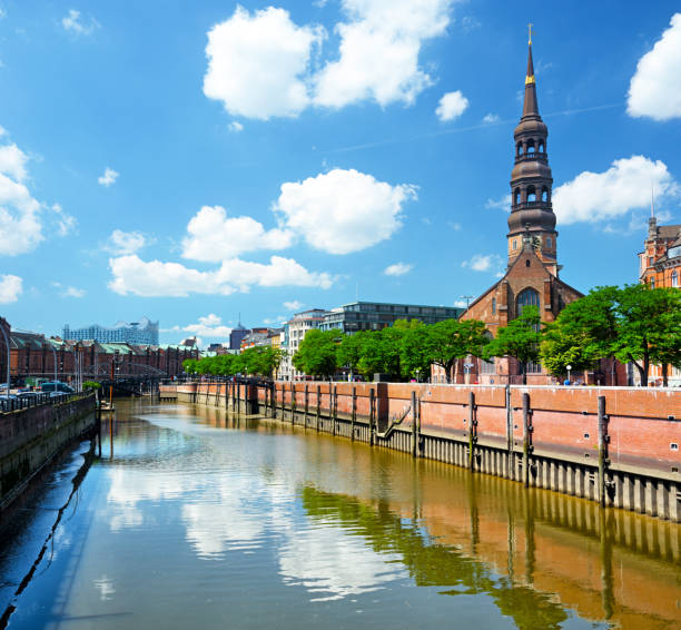 St. Catherine's Church of Hamburg with reflection in Zollkanal channel, Germany. Composite photo