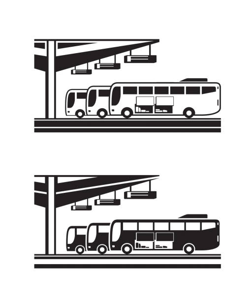 駅発に向けて手配されたバス - bus station点のイラスト素材／クリップアート素材／マンガ素材／アイコン素材