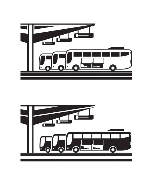 ilustrações de stock, clip art, desenhos animados e ícones de buses arranged for departure from station - bus station