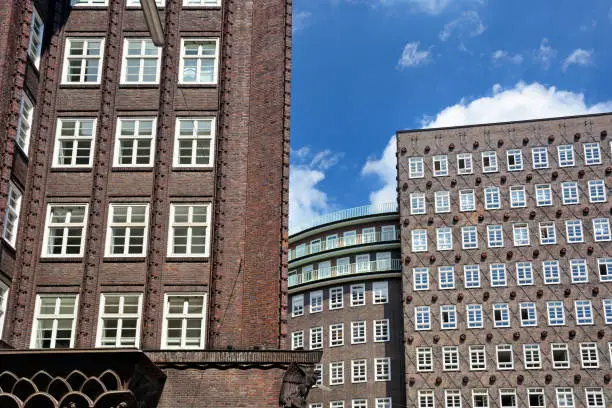 Closeup 1920s Brick Expressionism style of architecture in Hamburg, Germany