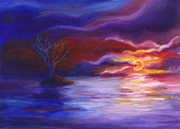 istock Fantasy landscape hand painted.  Sunset on water, island, tree. 1180370618