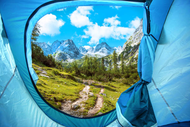 istock Beautiful Austrian countryside landscape view seen from inside a tent 1180375550
