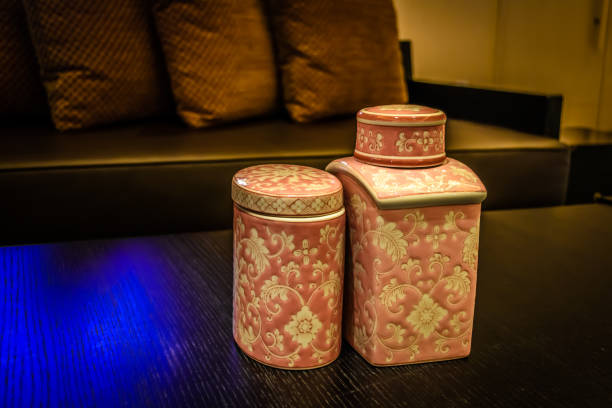 peranakan tea set on a tray on a coffee table in a living room
