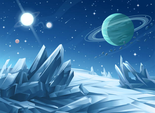 Crystal Planet Surface of a gray alien planet, asteroid or moon saturated with craters and bizzare, ice or rock formations. In the background is a dark blue sky full of stars and planets and a bright shiny pulsar. Vector illustration with space for text. extrasolar planet stock illustrations