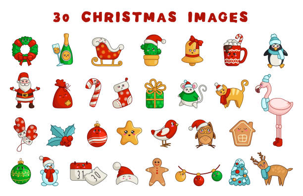 вектор кавайи рождественская коллекция - bird christmas holly christmas stocking stock illustrations