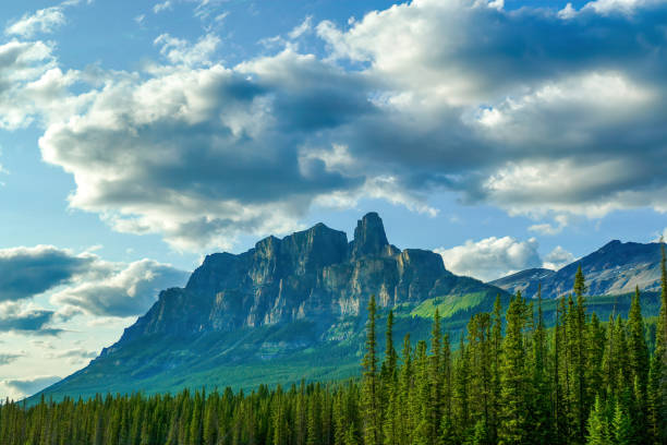 Castle Mountain lies halfway between Banff and Lake Louise in Banff National Park, Alberta Canada. It is part of the Main Ranges in Bow Valley. Prominent in this picture is the Eisenhower Tower, a pinnacle on the southeastern side of the mountain.