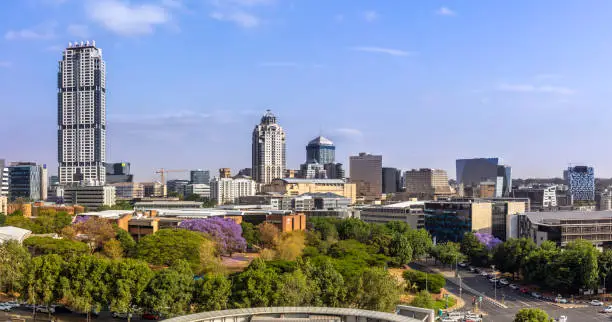 Sandton City panorama at daytime with the Leonardo building, Michelangelo apartments and sandton city office towers.
Sandton has become home to most of the major financial, consulting and banking firms in South Africa.  Sandton houses approximately 300000 residents and 10 000 businesses, including investment banks, top businesses, financial consultants, the Johannesburg stock exchange and one of the biggest convention centres on the African continent, the Sandton Convention Centre.