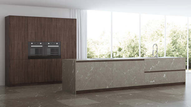 istock Modern kitchen interior. Dark wood kitchen with island made of natural stone. 3D rendering. 1180384578