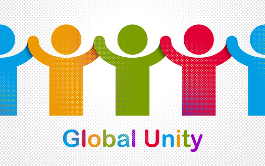 Worldwide people global society concept, different races solidarity, we stand as one, togetherness and friendship allegory, world unity cooperation, vector illustration icon.
