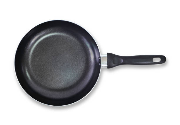 top view of black frying pan isolated on white background with clipping path, flat lay. - pan frying pan fried saucepan imagens e fotografias de stock