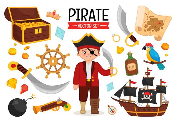 illustrations, cliparts, dessins animés et icônes de ensemble de vecteur des accessoires de pirate de dessin animé. - sailor people personal accessory hat