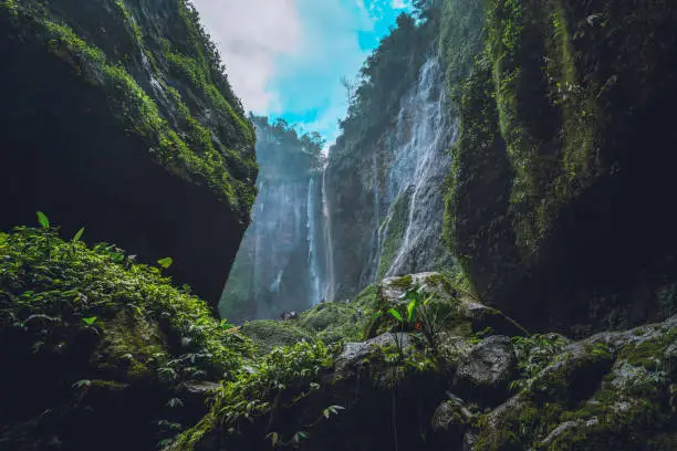 Aerial view deep inside the canyon of the Tumpak Sewu waterfall located in Java, Indonesia. The source of the waterfall comes from Semeru, an active volcano and the highest mountain in Java.