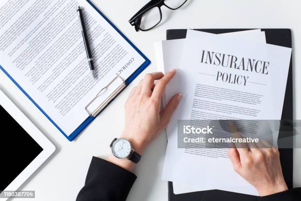 Business Woman Examining Insurance Policy Stock Photo - Download Image Now - Insurance, Strategy, Business