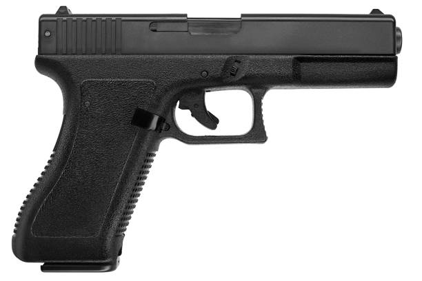 immagine isolata di una pistola glock 17 su sfondo bianco - handgun foto e immagini stock