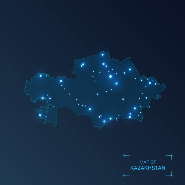 istock Kazakhstan map with cities. Luminous dots - neon lights on dark background. Vector illustration. 1180391684