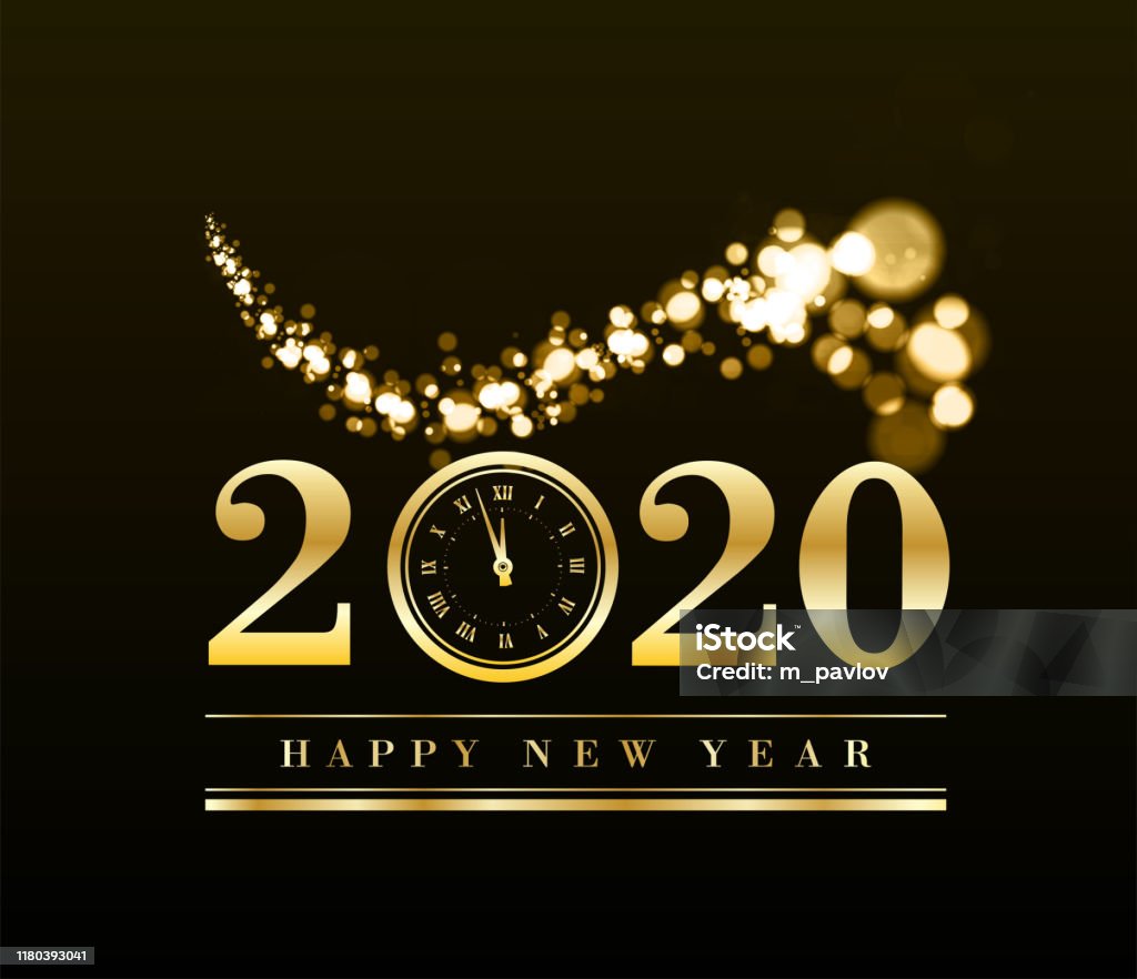 Happy New Year 2020 With Gold Particles And A Clock In The Number ...