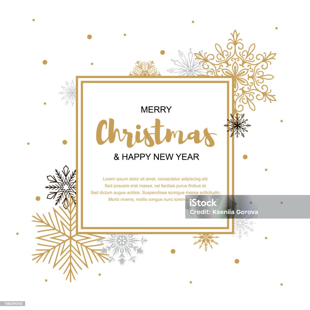 흰색 배경에 아름다운 황금과 검은 눈송이 광장 메리 크리스마스와 새해 맞이 인사말 카드. 배너, 포스터, 마사지, 발표를위한 크리스마스 디자인. 텍스트를 위한 공간 - 로열티 프리 크리스마스 카드 벡터 아트