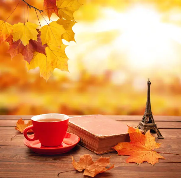 Photo of Autumn background. Autumn leaves, book and cup of tea on wooden table in park.