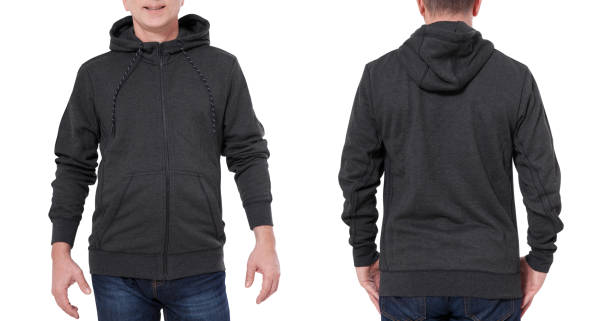istock Man in black sweatshirt, black hoodies front and rear. white background 1180394524