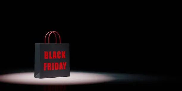 Black Shopping Bag with Black Friday Red Text Spotlighted on Black Background with Copy Space 3D Illustration