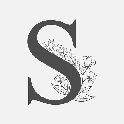 Uppercase Letter S with flowers and branches. Vector flowered monogram or logo. Hand Drawn concept. Botanical design branding. Composition of letter and flowers for wedding card, invitations, brand.