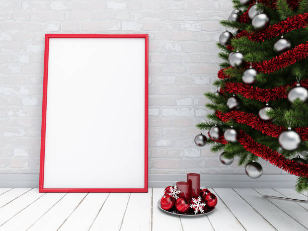 istock Mock up Blank Picture Frame with Christmas Tree and Ornaments 1180398048
