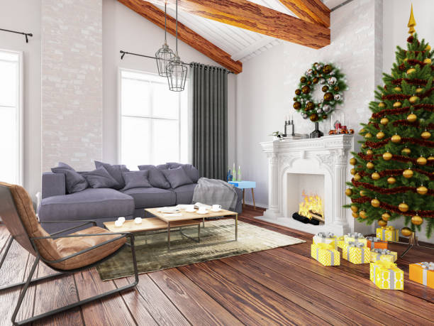 istock New Year Concept. Christmas Tree with Fireplace and Ornaments 1180398080