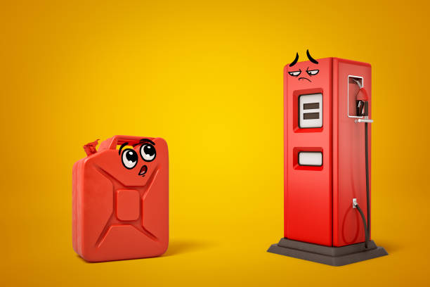 representación 3d de lata de gasolina roja y estación de servicio roja con caras sonrientes de dibujos animados en fondo amarillo - old station natural gas russia fotografías e imágenes de stock