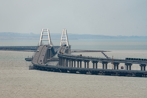 Panoramic view of the white Crimean bridge and the Kerch Strait of the Black Sea