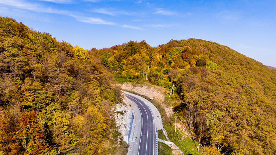 Fall background Aerial drone view of the road in a beautiful forest landscape with colorful leaves of trees. View from above