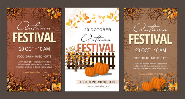 set sonbahar festival el ilanları, kabak dalları ve çilek ile şablon. - autumn stock illustrations