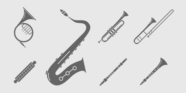 ilustraciones, imágenes clip art, dibujos animados e iconos de stock de instrumentos musicales iconos establecidos 18 - bugle trumpet jazz music