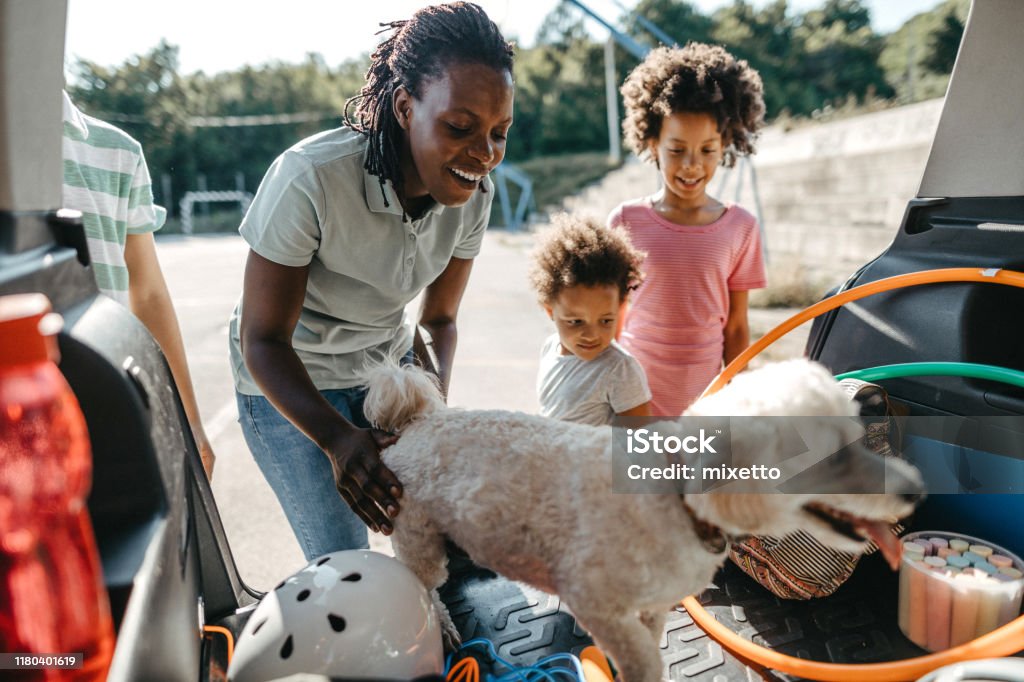 Happy family with their pet dog packing things in car trunk Young single mother packing stuffs in car trunk with two daughters on sunny morning Family Stock Photo