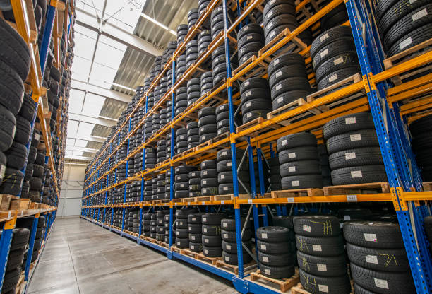 Tire warehouse with high shelf stock photo
