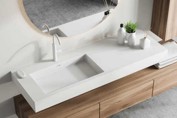 istock Top view of white bathroom sink 1180402064