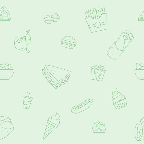 Fast Food background 04 Fast Food background - Vector seamless pattern of sandwich, burger, hot dog, meat and desserts for graphic design nuggets heat stock illustrations